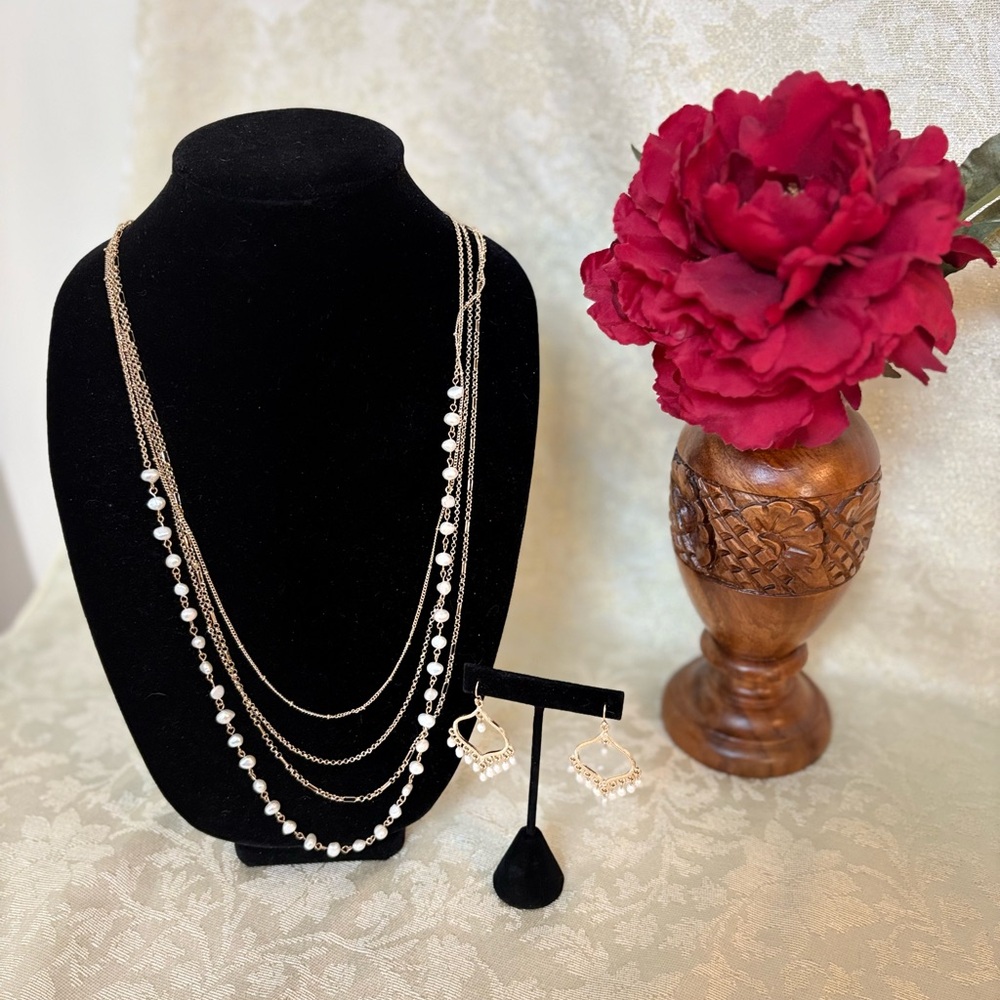 Spring Street Multi-Strand Gold and Freshwater Pearl Necklace Set NWT